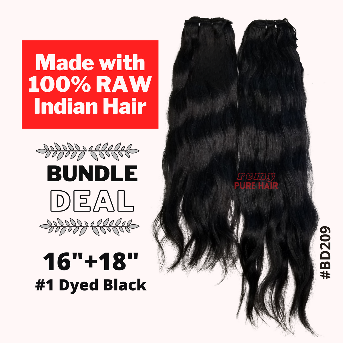 Two bundles of dyed black, natural wave Indian hair, advertised as a bundle deal with 100% RAW Indian Hair.