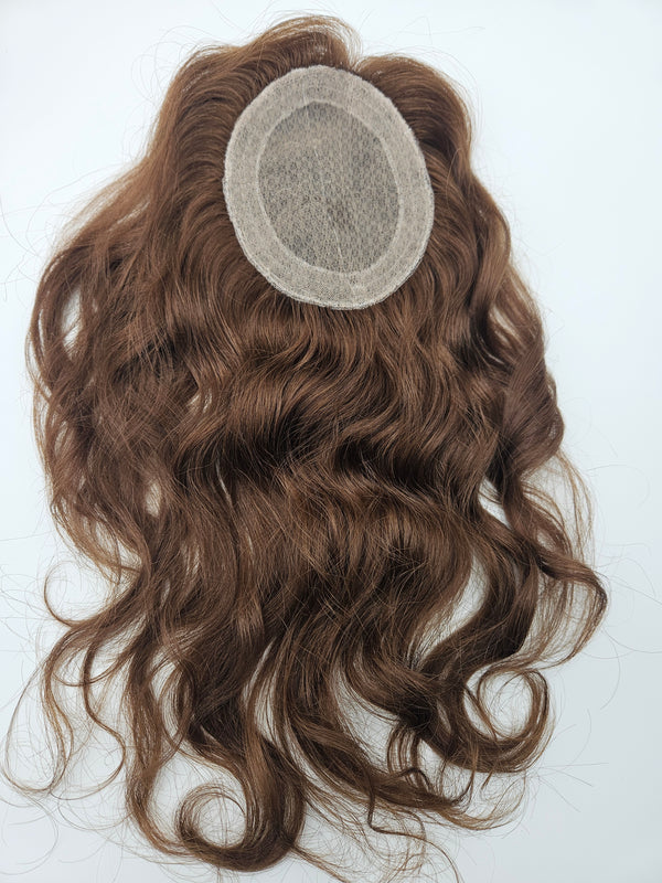 Close-up of Light Brown #6 Remy hair on lace base topper