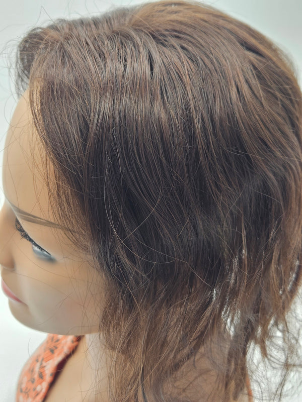 Dark brown loose wave lace hair topper, 14 inch Remy human hair, side view