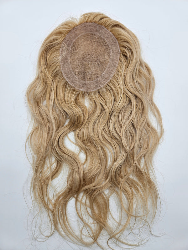 Close-up of #18 and #613 blended blonde highlights on lace base hair topper