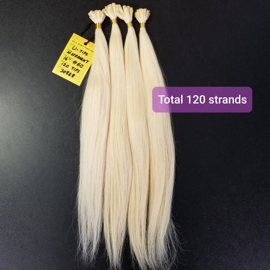 16 Inch U-Tip Keratin Hair Extensions - Lightest Blonde #60 - Total 120 strands
